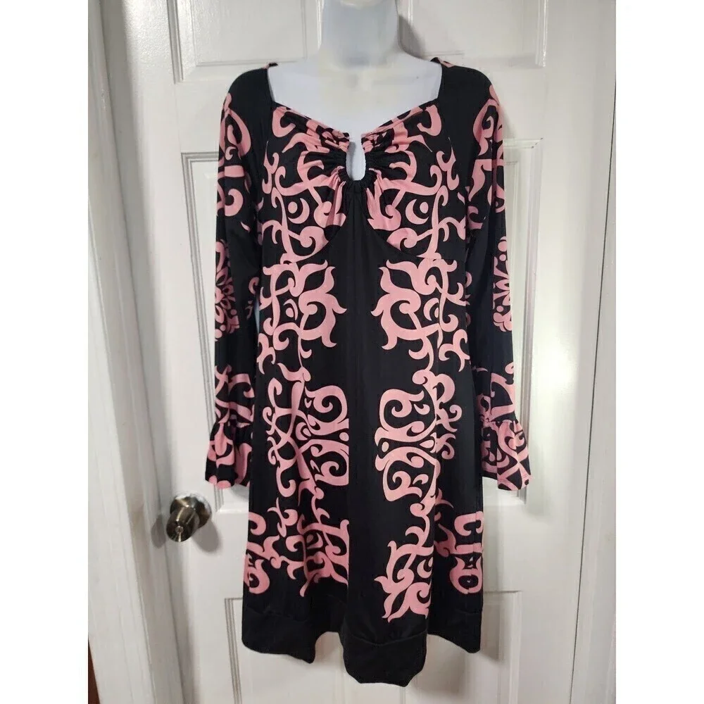 INC International Concepts Geo Black Pink Print Empire Dress Medium Casual Chic - Picture 1 of 10